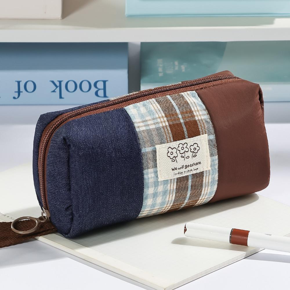 Large Capacity Pencil Case Plaid Color-Blocking Pencil Pouch INS Pen Bag Students