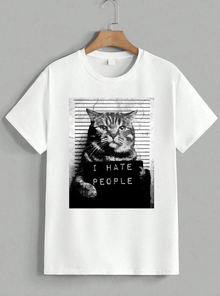 Funny I Hate People Cat Mugshot Sarcastic Graphic Novelty Meme T-Shirt Unisex 2 L
