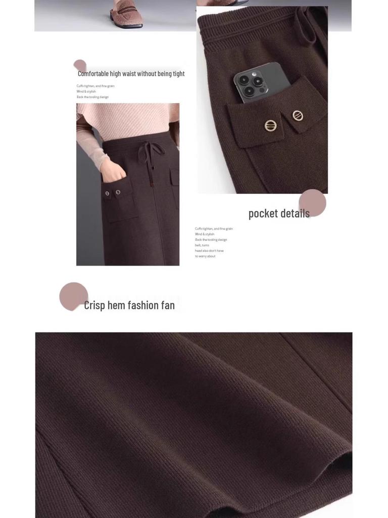 Autumn/Winter 2025 Black High-Waist Wool Knit Midi Skirt with Pockets