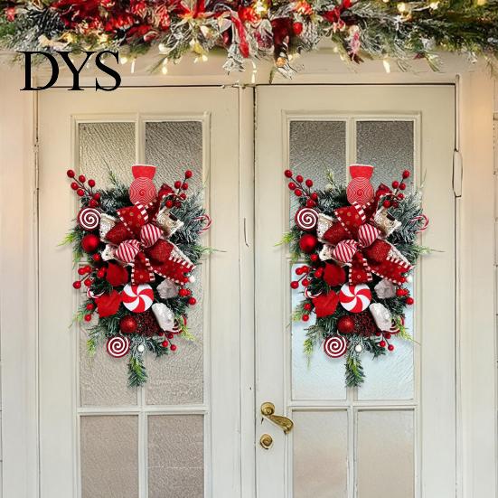Festive Atmosphere Decoration Candy Cane Christmas Teardrop Swag, Red White Striped Peppermint Swag Artificial Wreath for Front Door, Indoor