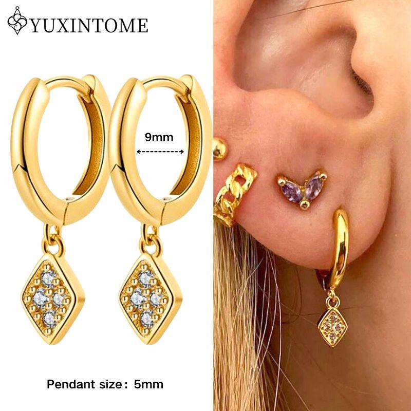 

YUXINTOME 925 Silver Ear Needle Zircon Hoop gold Earrings For Women Square Plate Pendant Cutout Heart Earrings Fashion Jewelry