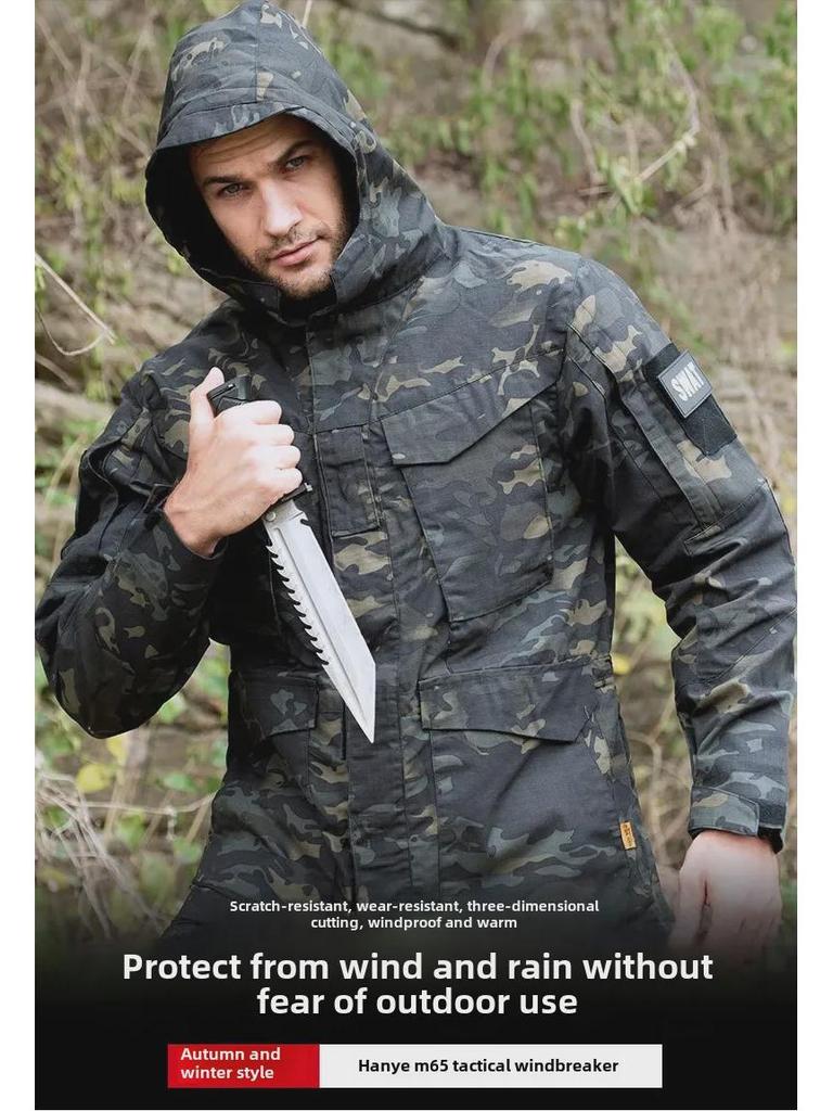 Hanye Men's M65 Tactical Windbreaker: Mid-Length Autumn/Winter Workwear Jacket