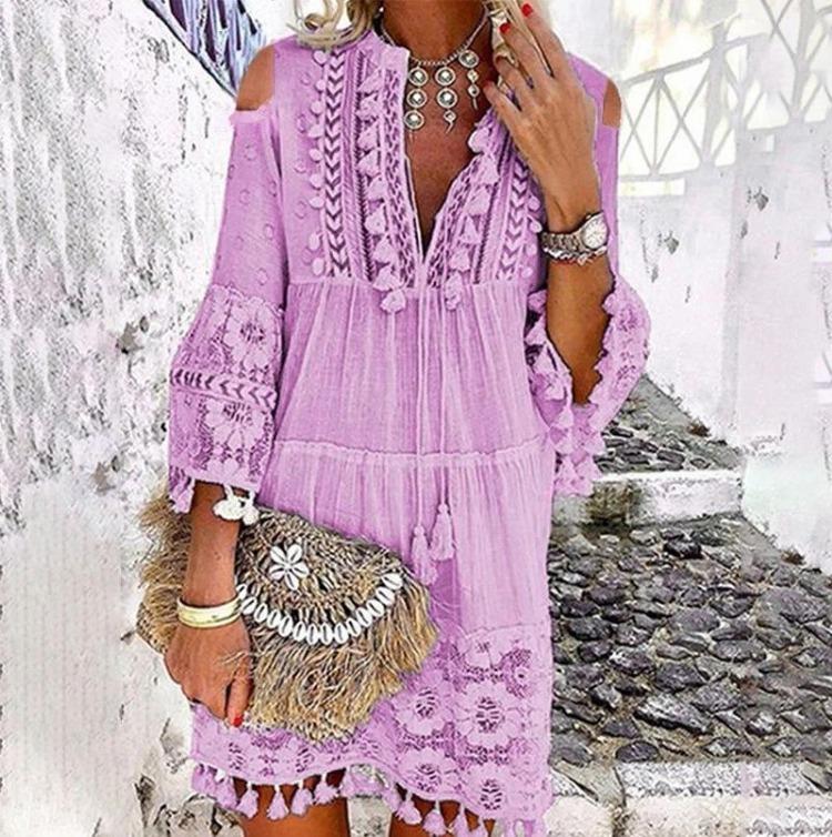 Off Shoulder Bohemian Maxi Dress Embroidered Lace Trim Fringe