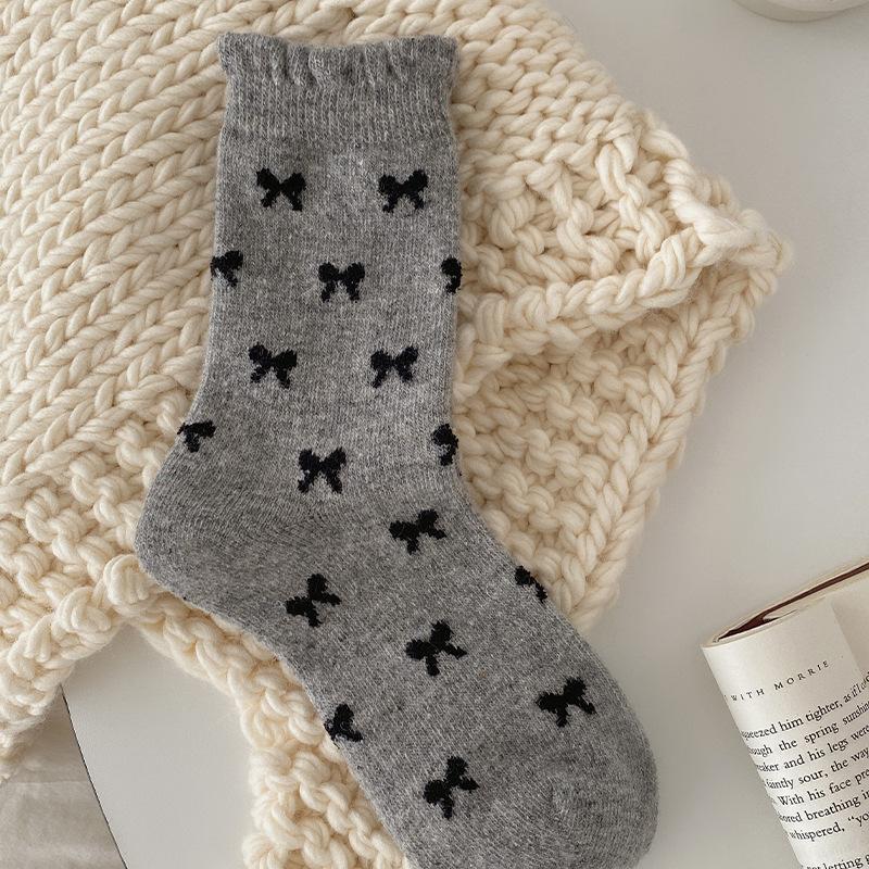 Socks Gray Boneless Wool Thickened Bow Warm Pile Socks Korean Socks Medium Tube Socks