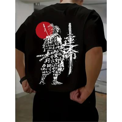 European Size Men'S Samurai Warrior Pattern T-Shirt | Breathable Street Style Summer Outdoor Casual Wear, Crew Neck, Short Sleeve, Fabric