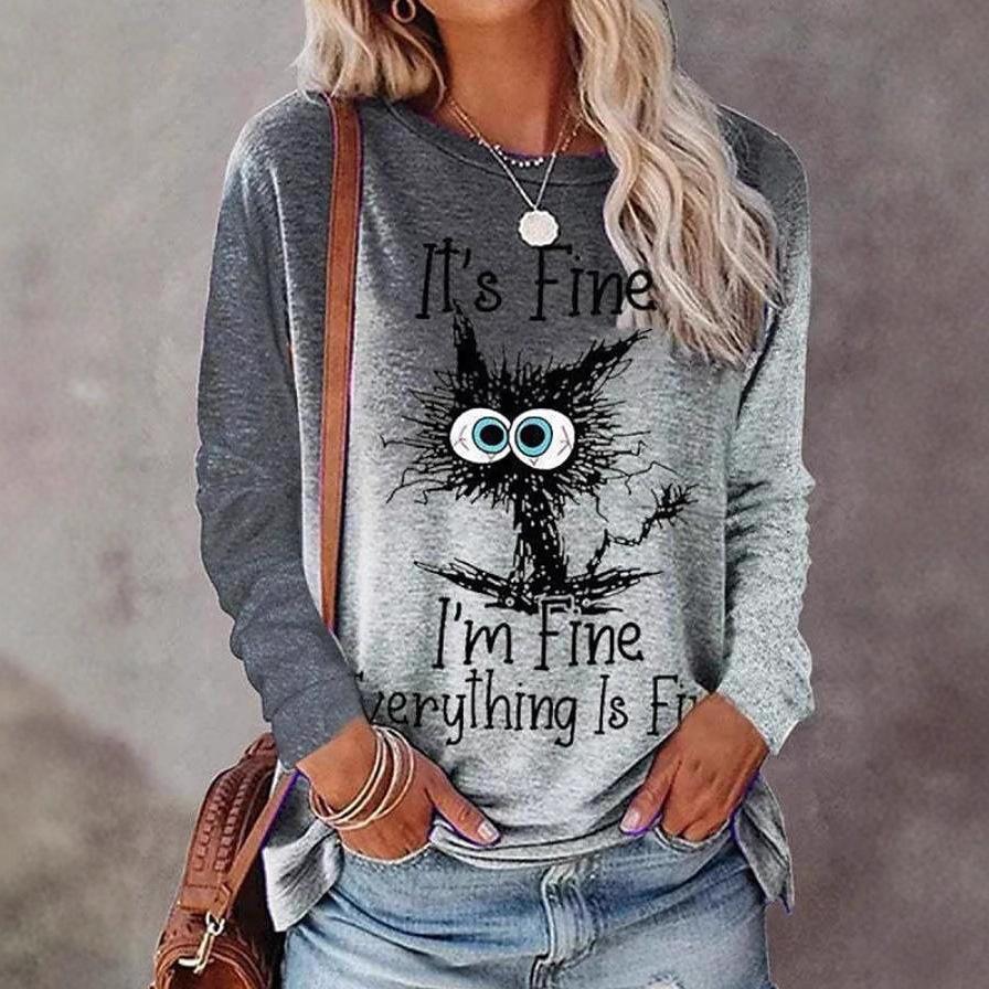 Spring and Autumn Round Neck 3D Cat Printed Top Fashionable Casual Long Sleeved Women's T-shirts