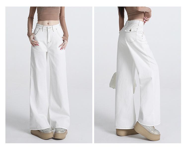 Women's White High-Waisted Wide-Leg Floor-Length Jeans - 2025 Autumn/Winter Loose Slimming Fit