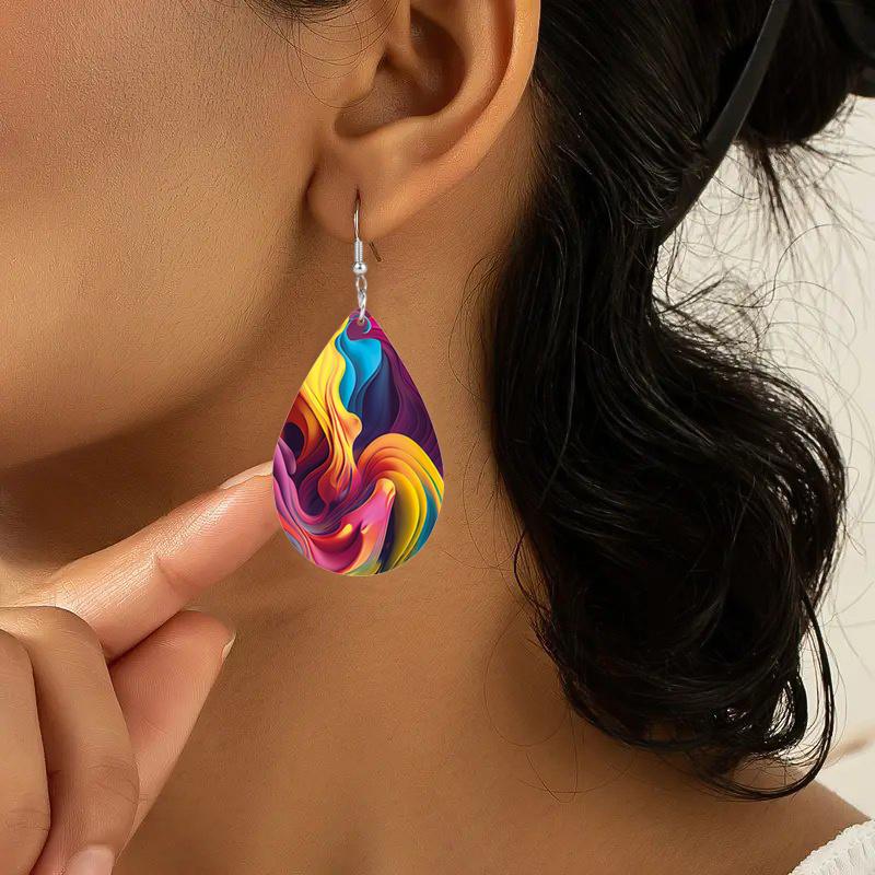 Vibrant Colorful Rendering PU Leather Earrings Abstract Mountain Ribbon Whirlpool Elements Pattern Water Drop Shaped Earrings