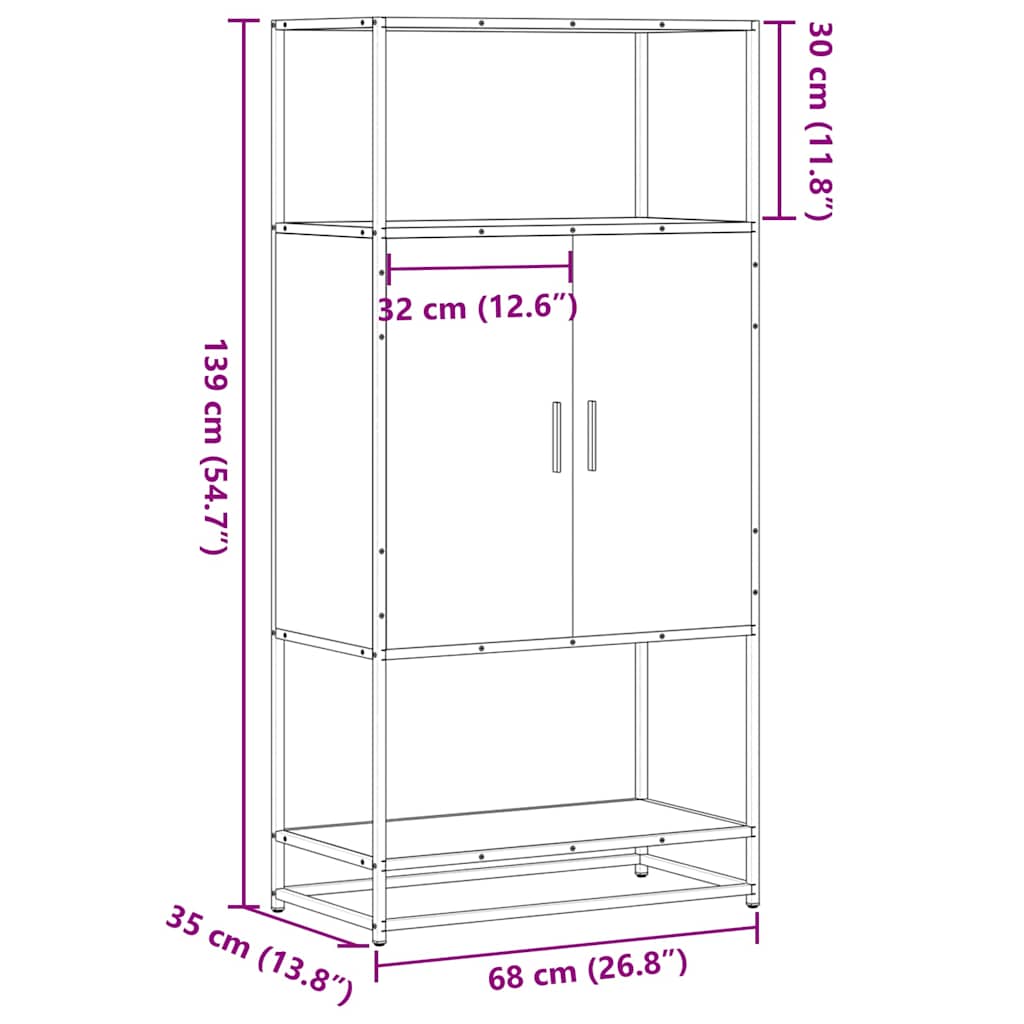 Highboard in Sonoma Oak Finish 27.2 x 13.8 x 54.7 in (69 x 35 x 139 cm) Made of Engineered Wood and Metal