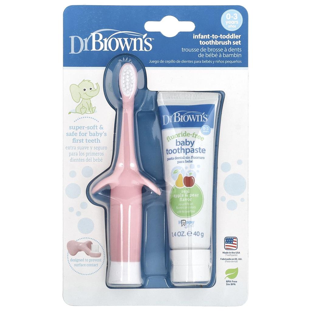 Dr. Brown's Kleinkind-Zahnbürsten-Set, 0-3 Jahre, Apfel & Birne, rosa, 2-teiliges Set