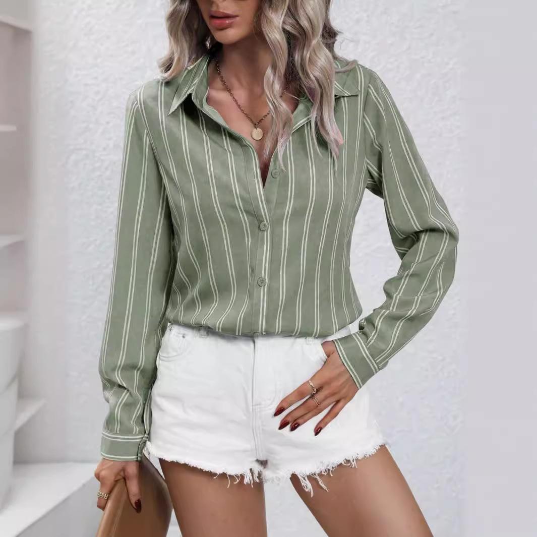 

2024 Женская Мода Полосатая Рубашка Свободного Кроя с Длинным Рукавом Medium оливковый