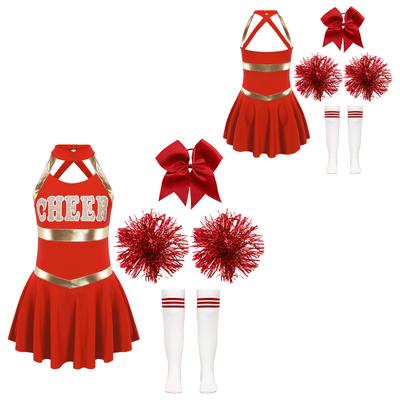 Bambini Ragazze Abiti da cheerleader Stampa di lettere Patchwork Abito da ballo senza maniche Copricapo Bowknot Calzini tubolari a righe con fiori a mano