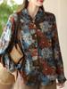 Women Vintage Print Floral Shirts Tops Spring Turn-down Collar Long Sleeve Button Shirts