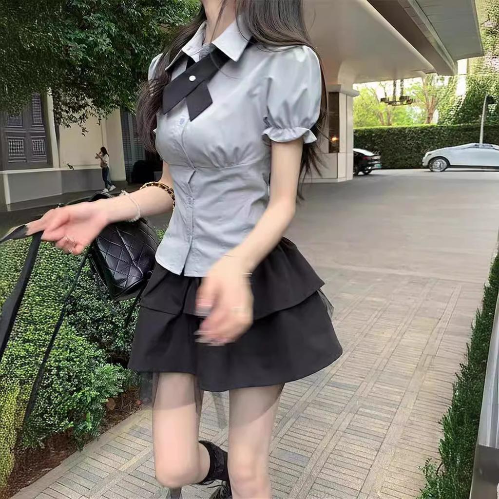 Küçük takım Kolej tarzı kısa etek etek Yazlık etek Japon JK üniforması kısa gömlek Kadın iki parçalı set