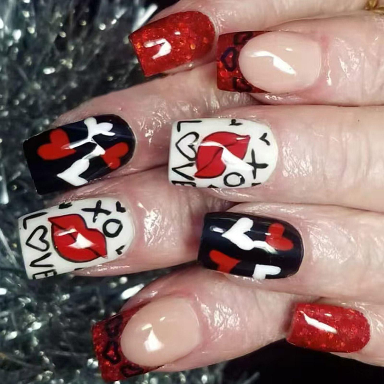 

Накладные ногти ко Дню святого Валентина Квадратные накладные ногти Акриловые ногти Полное покрытие накладных ногтей Накладные ногти с блестками