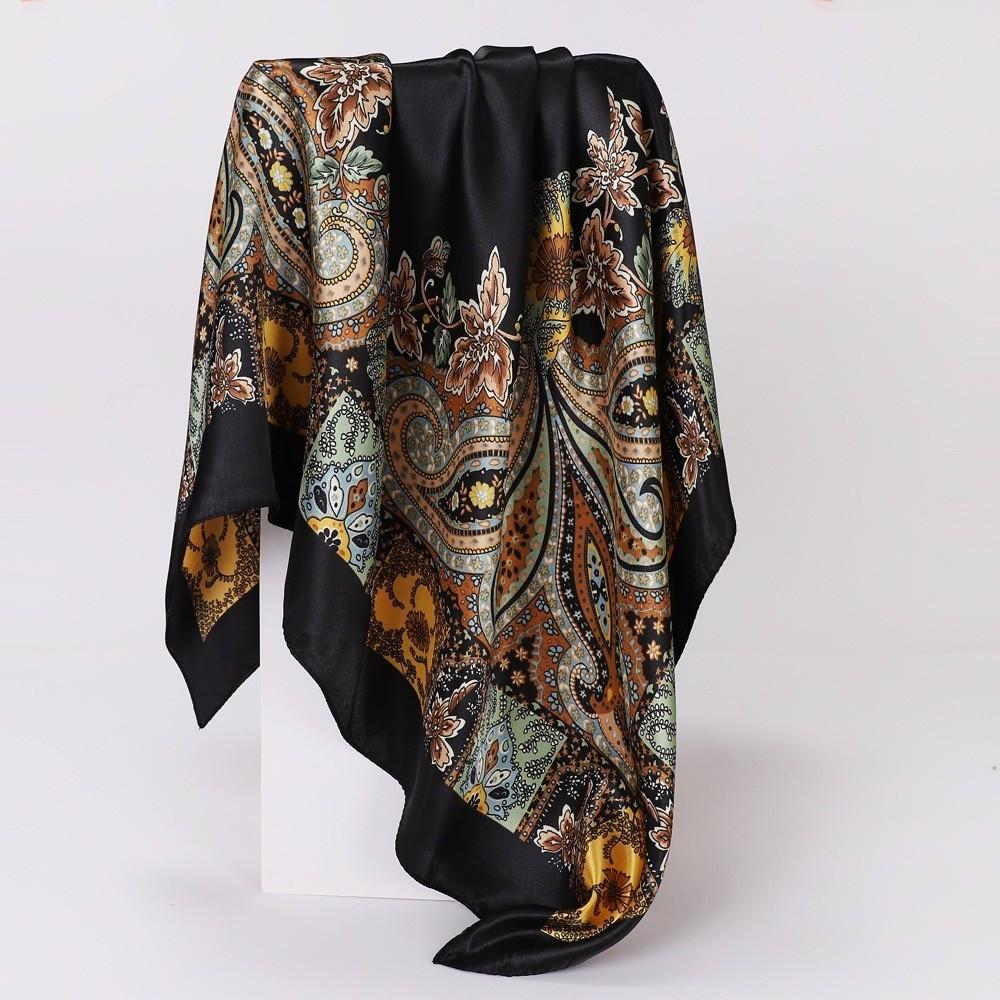 Bohemian Women Muslim Hijab Bandana 90*90cm Print Silk Headkerchief Satin Square Scarf Office