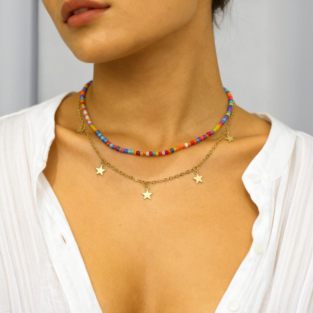 Dopamine color scheme Bohemian color beaded necklace multi-layered wearing rice beads star pendant collarbone chain