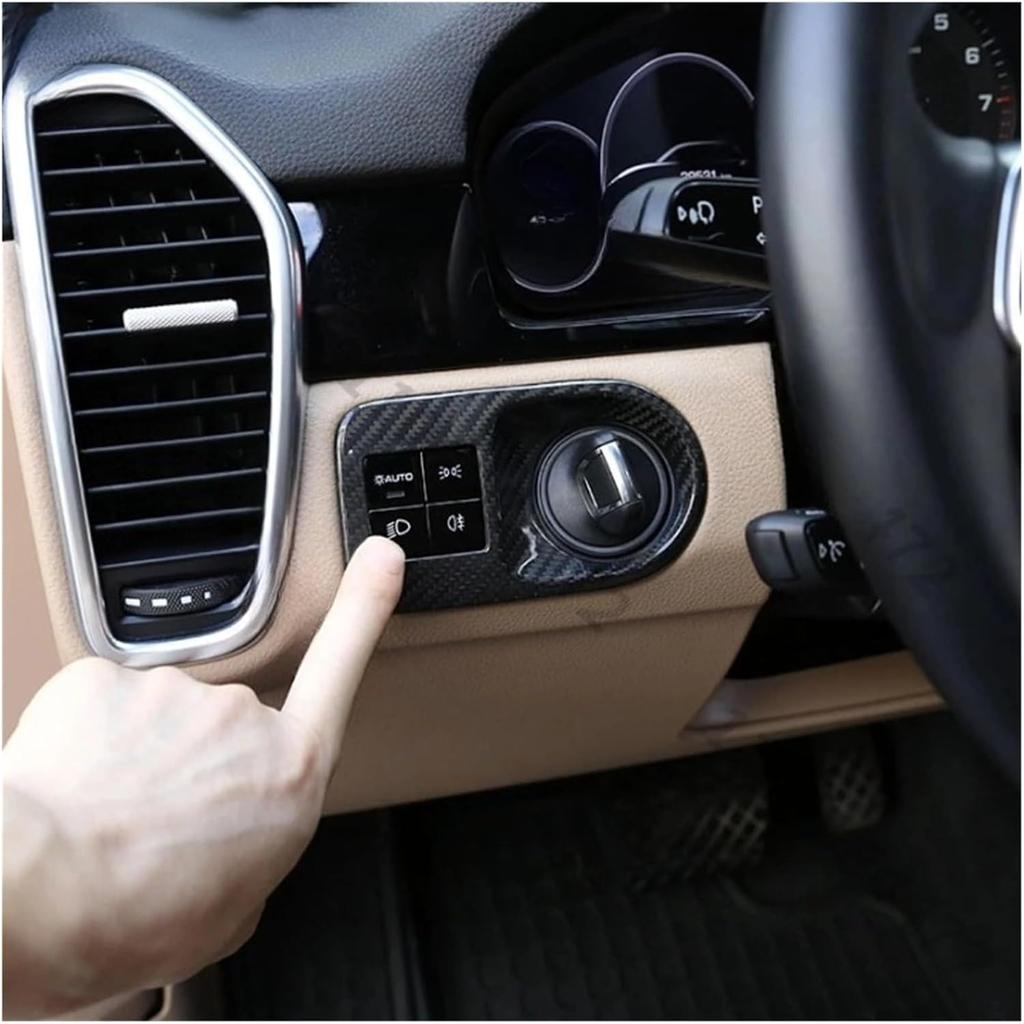 Interior Headlight Switch Frame Cover Sticker Trim Compatible for Porsche Cayenne 2018-2023 Real Carbon Fiber Car Styling Interior Accessories(Red)