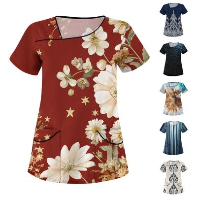 Women's Casual  Print Short Sleeve Sloping Collar Workwear Top With Double Pockets