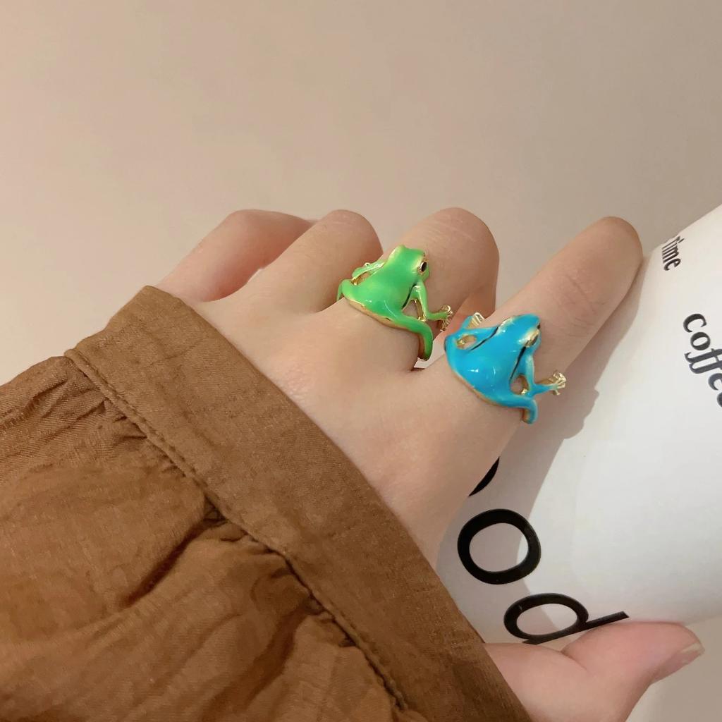 Neuer Baumfrosch Emaille Tropföl Grün Lustiger Frosch Ring Blauer Frosch Ring Verstellbarer Öffnungsring für Damen Herren Party Geschenk Schmuck