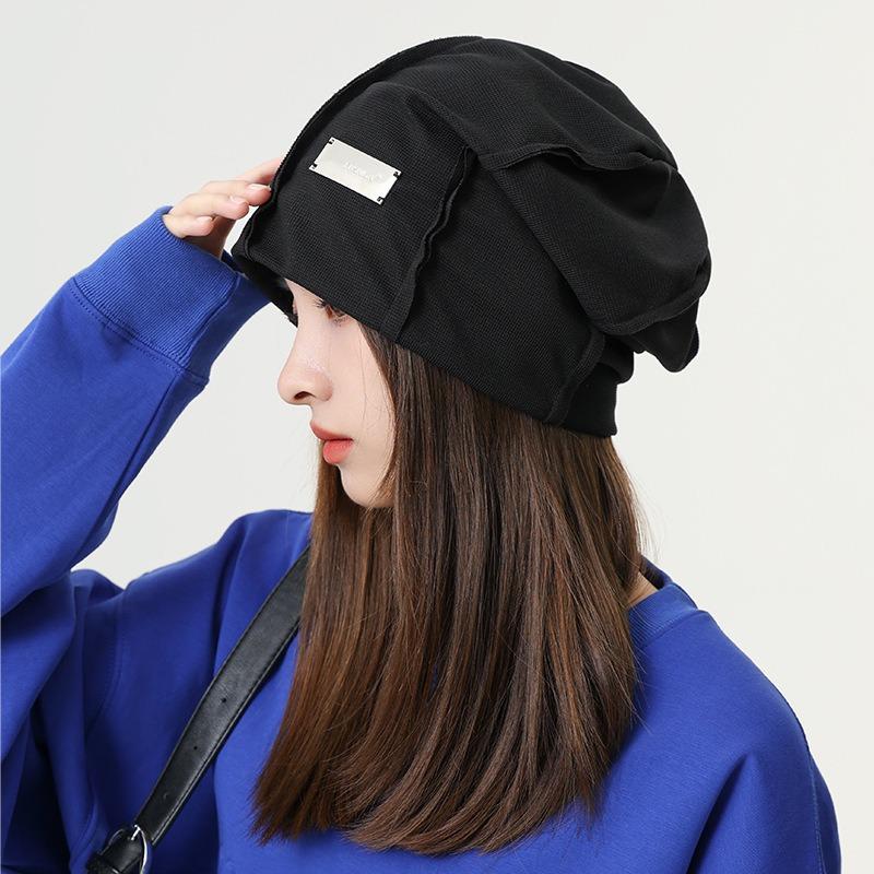 Pure cotton metal knitted stacking hat women's autumn and winter big head circumference showing face small fashion street pullover hat