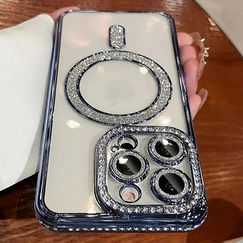 Soft Magnetic Wireless Charge Diamond Phone Case For iPhone 11 12 13 14 15 16 Pro Max Plus Glitter Magsafe Bumper Back Cover