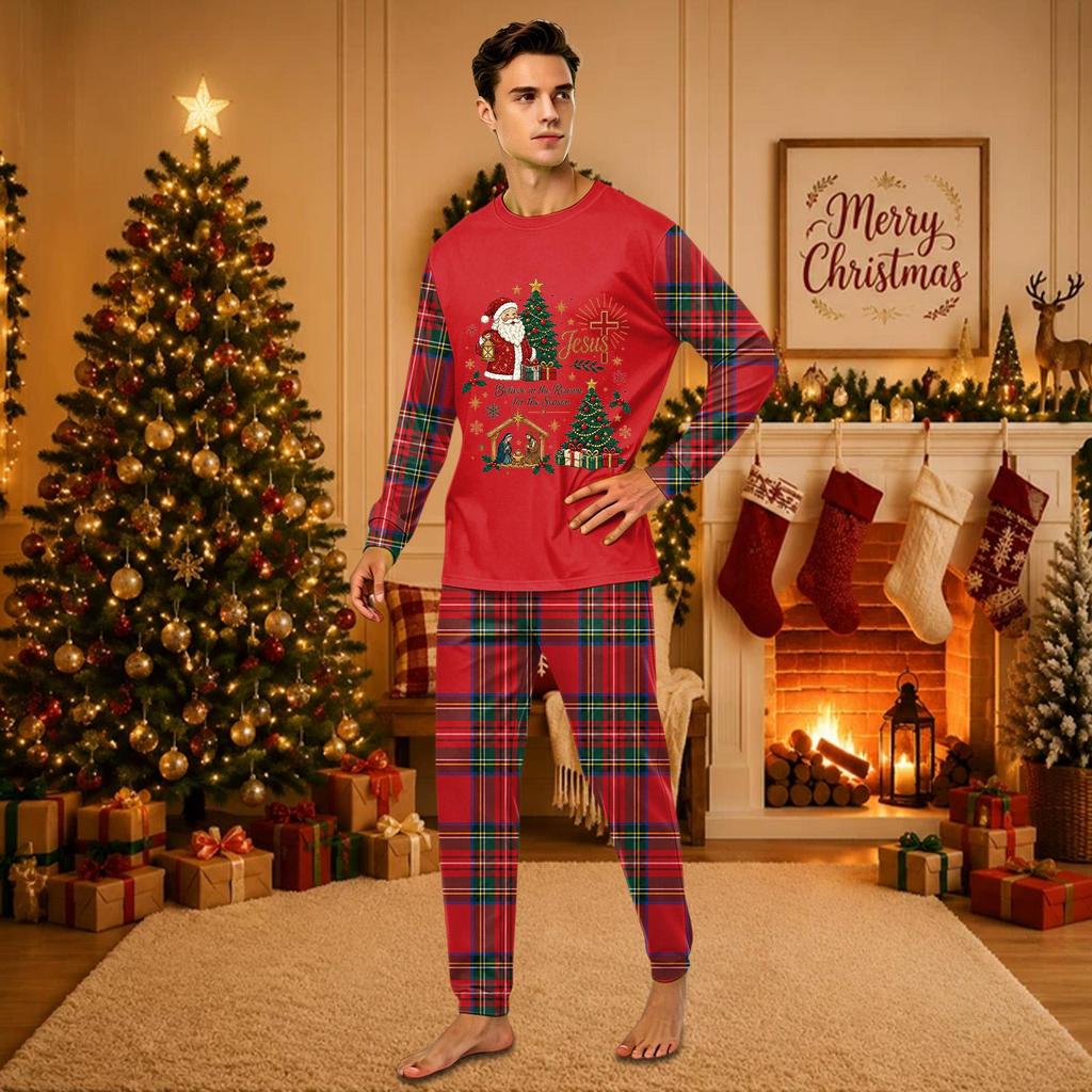 Christmas-print long-sleeve and long-pant matching family loungewear set