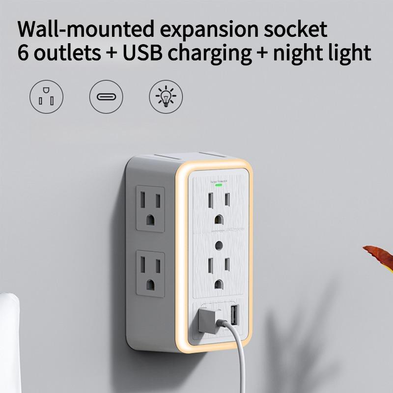 1PC new surge socket US standard USB power strip light sensing night light 6 hole expander 2.4A household US standard wall plug socket