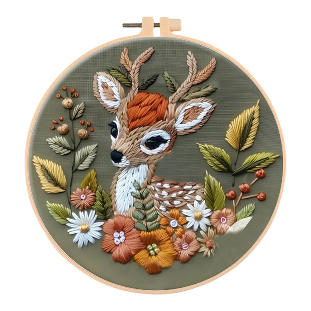 Cute Animal Handmade Embroidery Kit with Pattern Cotton Threads Needles Hoop Handmade Sewing Art Craft Kit for Mom Grandma