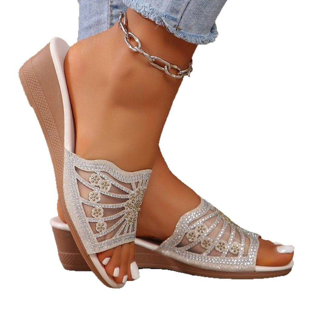 Rhinestone slope heel slippers summer new word hollow fashion casual thick bottom cool slippers