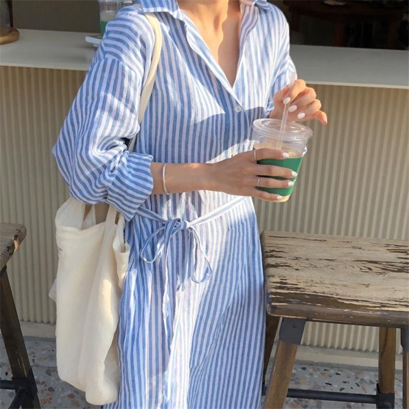 Spring Summer Women Long Dresses Striped Lace Up Cotton and Linen Shirt Dress