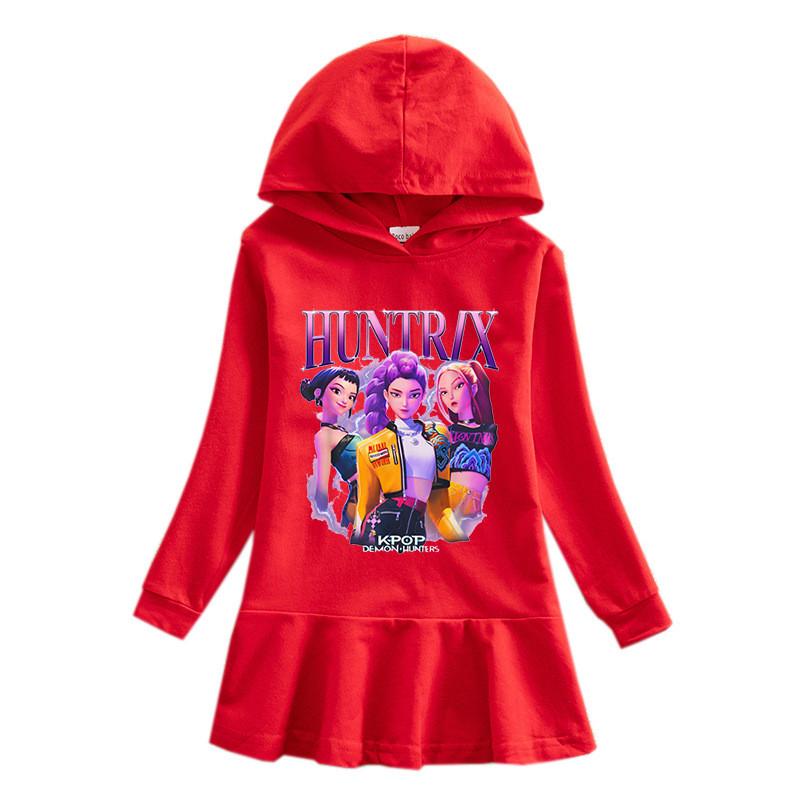 Girls Kpop Rumi Zoey Mira Hunters Printed Cotton Ruffle Hooded Dress