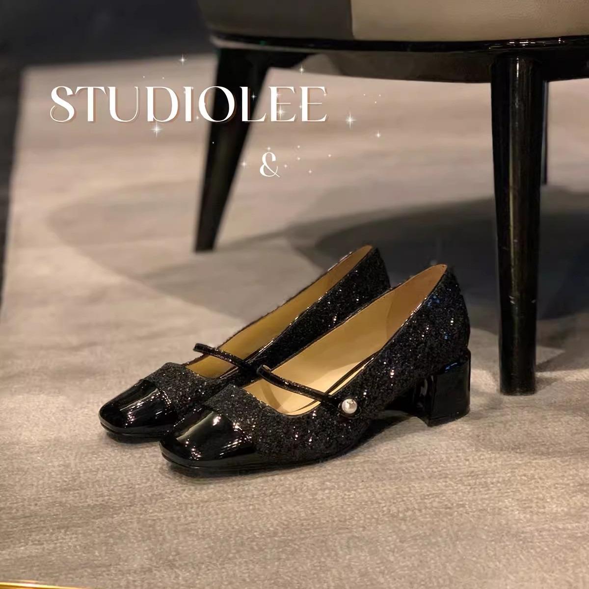 

Grape mother, the same style, sparkling sequins, small fragrant style square head, one word with thick heels, Mary Jane shoes for women, medium heels, 40