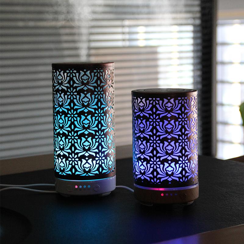 Aroma Diffuser Scent Ultrasonic Air Humidifier Iron Art Hollow Lotus Flower Pattern 2025 New Home Decorations with LED Lights
