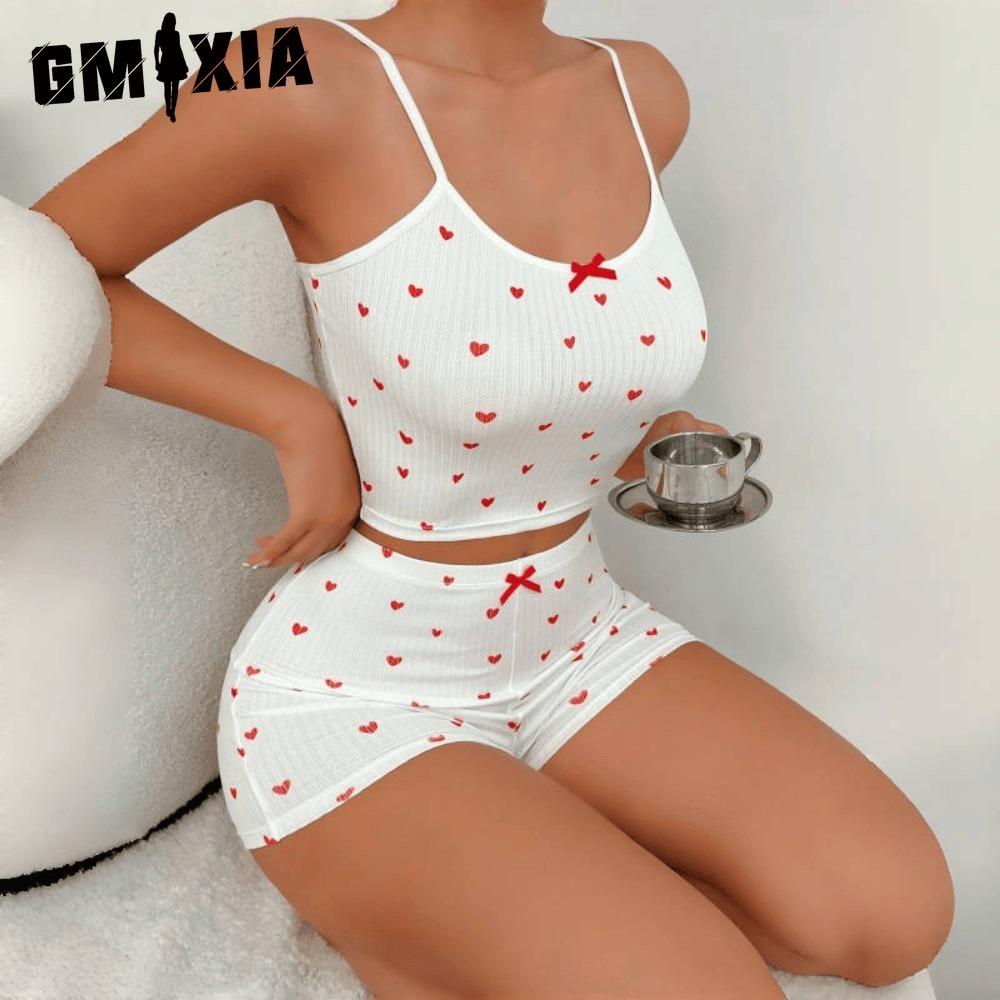 GMXIA Summer Homewear Heart-shaped Printing Bow Halter Home Leisure Suit Pajamas