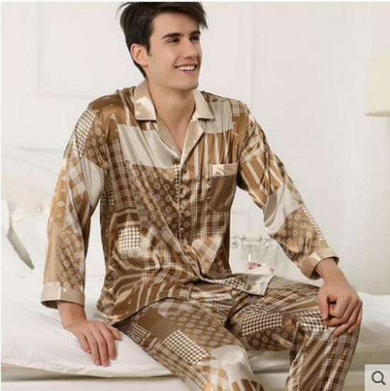 Men's Silk Long Sleeve Pajamas Set: Spring to Autumn, Lightweight, Loose, and Comfortable Homewear.