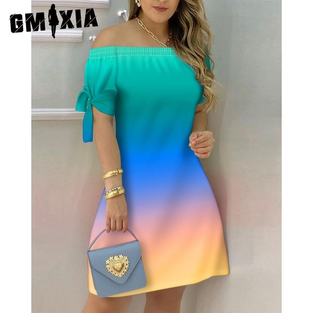 GMXIA Women Fashion Off Shoulder Dress Short Sleeve Bow Tie Print Dresses Summer Beach Dresses Plus Size