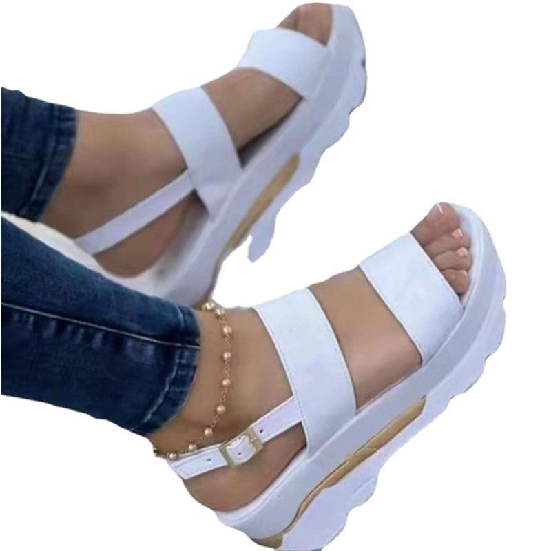 Summer New Large-size Women's Shoes Wide-sided One-word Buckle with Thick-soled Wedge Heel Fish Mouth Sandals Women