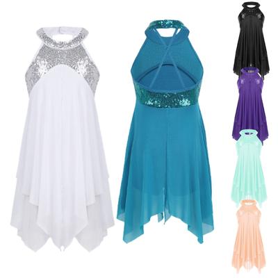 Sleeveless Halter Sequins Criss Cross Back Irregular Leotard Dress Kids Girls Modern Lyrical Dance Costumes