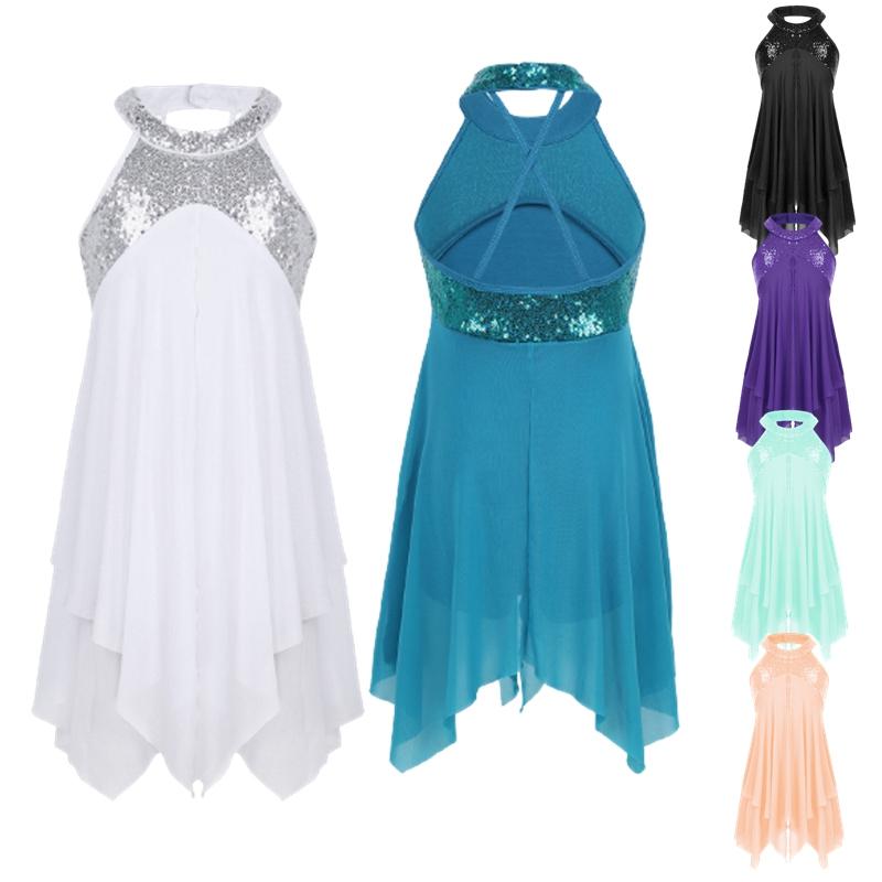 Sleeveless Halter Sequins Criss Cross Back Irregular Leotard Dress Kids Girls Modern Lyrical Dance Costumes