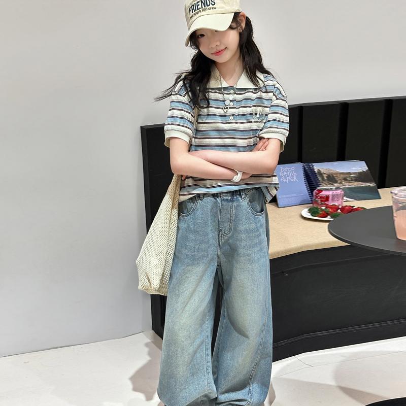 Girls' short sleeved polo shirt summer set, new summer outfit, children's women's clothing, student jeans two-piece set
