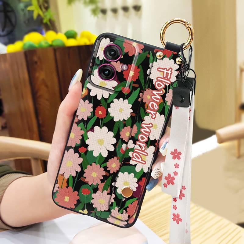 Soft case Wrist Strap Phone Case For MOTO G55 5G Oil Painting Flower Phone Holder Anti-dust Shockproof Lanyard Kickstand