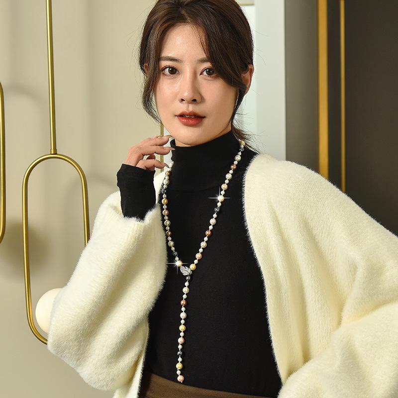 Pearl Long Necklace Women'S High Sense Tree Leaves Pearl Sweater Chain Temperament Versatile Autumn And Winter Accessories