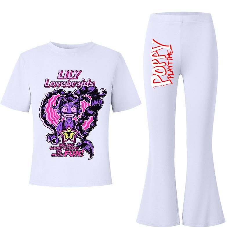 2pcs Kids Girls Lily Lovebraids Printed Casual Short Sleeves T-shirt Flared Trumpet Pants Set 8Y белый