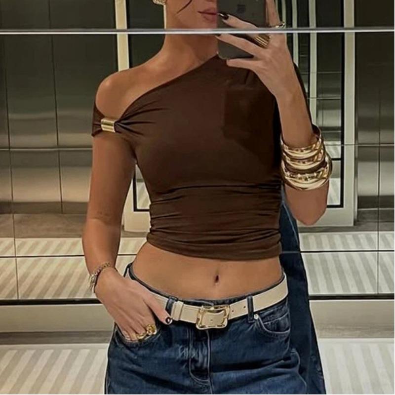 Летняя Новая Мода Женская Однотонная Асимметричная Укороченная Облегающая Футболка Топ S коричневый