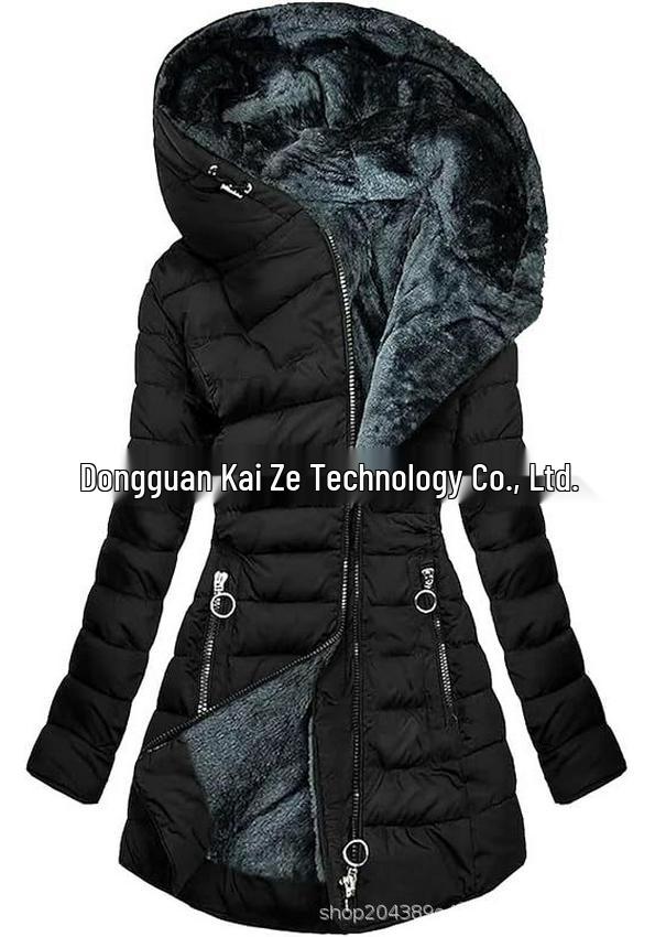 Mid-Length Slimming Hooded Jacket - Women's Thickened Cotton with Velvet Lining