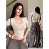 Spice Girl Low Neck Short Navel Shirt Women's Short Sleeve Backless Slim Skinny Pure Desire Fashion Skinny Clavicle Top Women