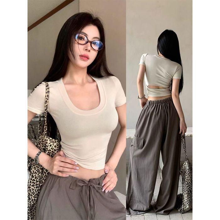 Spice Girl Low Neck Short Navel Shirt Women's Short Sleeve Backless Slim Skinny Pure Desire Fashion Skinny Clavicle Top Women