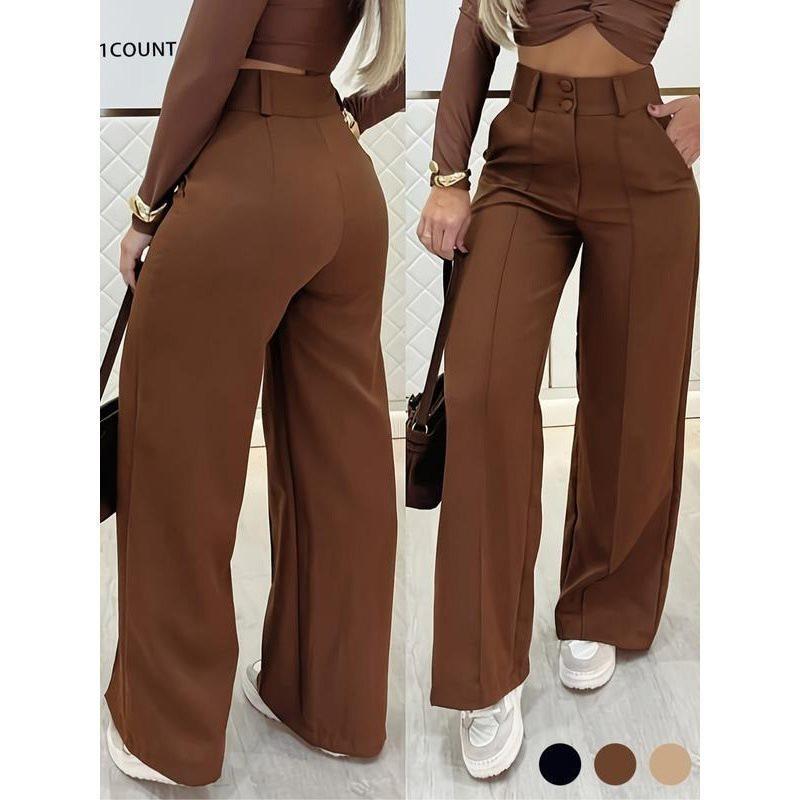 Women's High Waist Wide Leg Pants with Button Detail