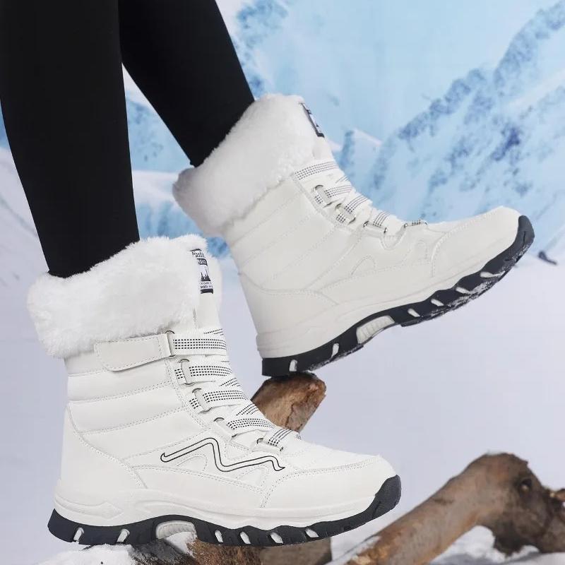 Plush Mid-top Winter Boots Women Warm Cotton Shoes Anti-slip Rubber Sole Outdoor Sneakers Plush Waterproof Ladies Hiking Footwear